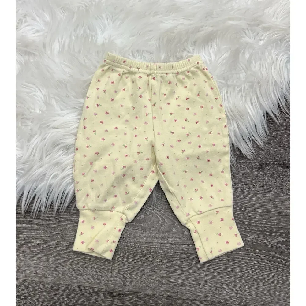 Vintage Carters Yellow‎ Baby Pants With Pink Floral Accents Size 3month